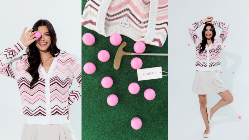 3 lifestyle shots of a woman in golf clothes