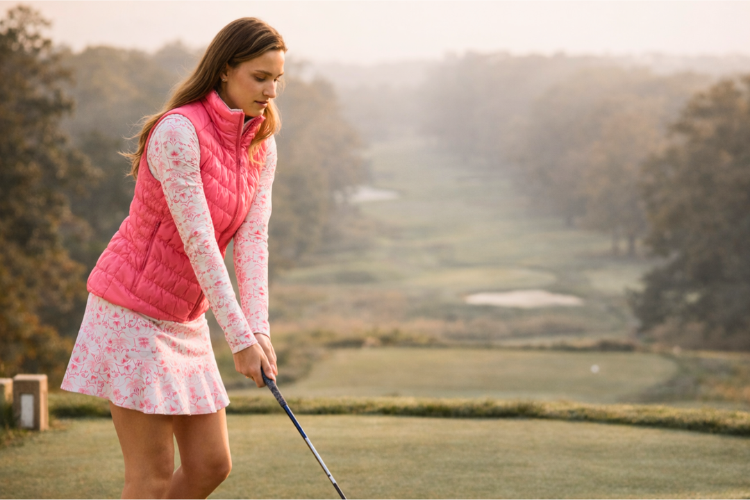 Female golfer getting ready to take a swing dressed in layered golf outerwear