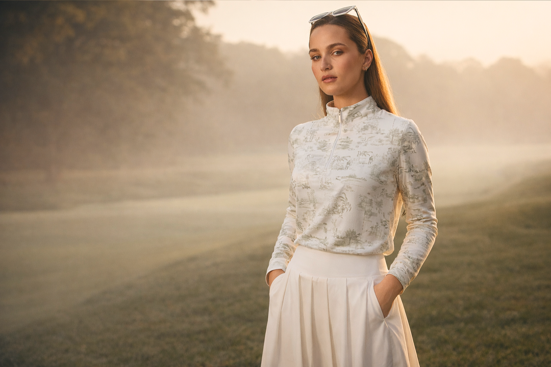 Woman standing on a golf course on a misty day wearing white golf top and skort