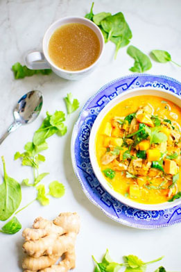 butternut squash soup in blue bowl