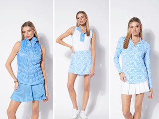 3 girls - in our granada collection - baby blue and blue pattern clohting - ready to play golf / tennis / pickle ball 