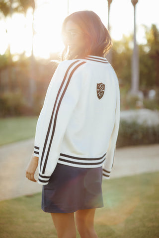 Varsity Zip-up Cardigan-White/Black