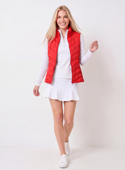 Heritage Vest Scarlet with Birdie Skort White, walking