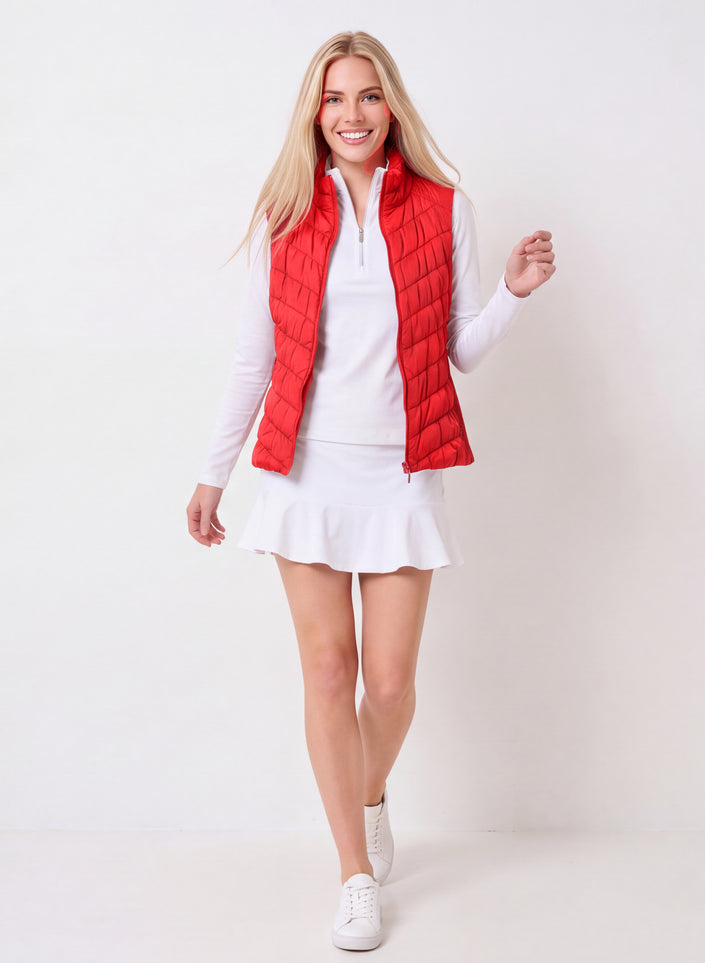 Heritage Vest Scarlet with Birdie Skort White, walking