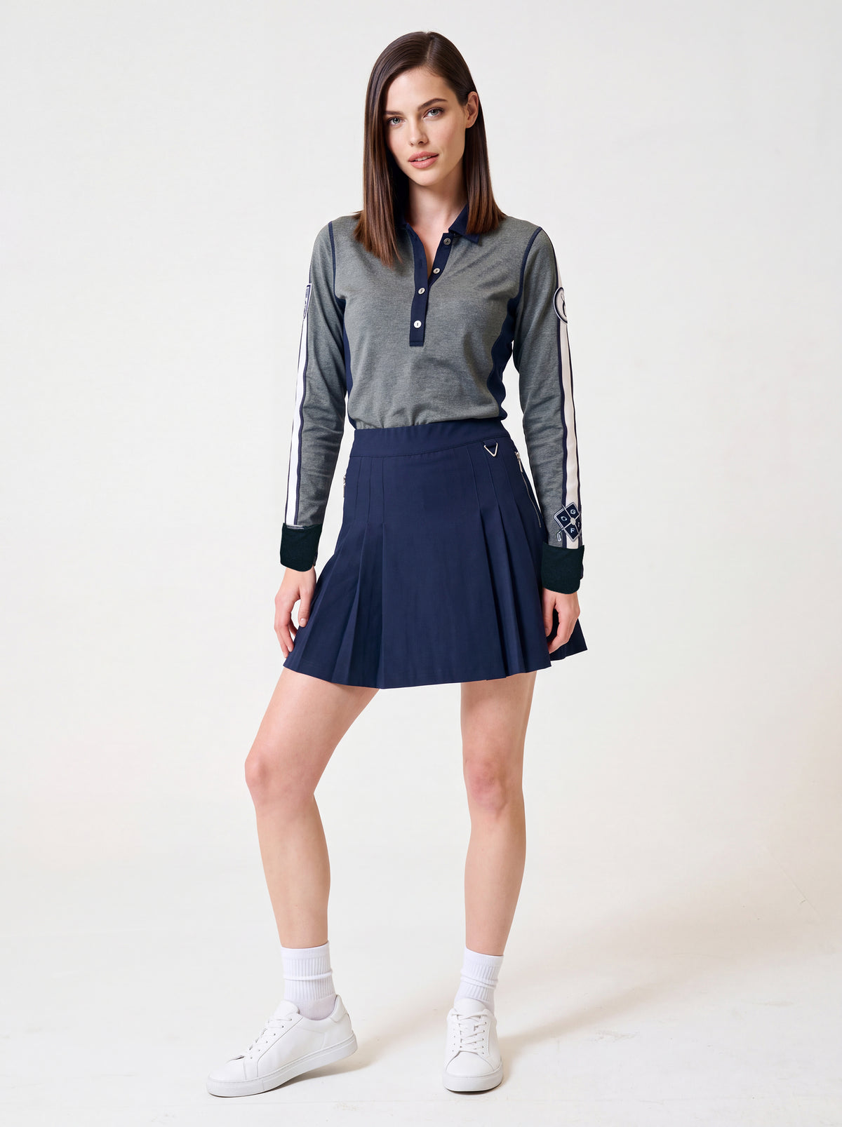 Phoebe Long Sleeve Polo Grey Heather — shop front with Flare Blue
